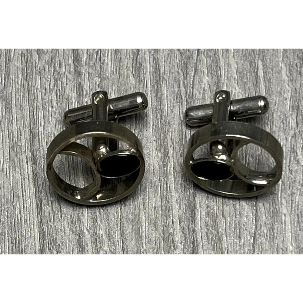 Silver Tone Round Cufflinks Mens‎ Black Cabochon Stone Modernist Design Pair